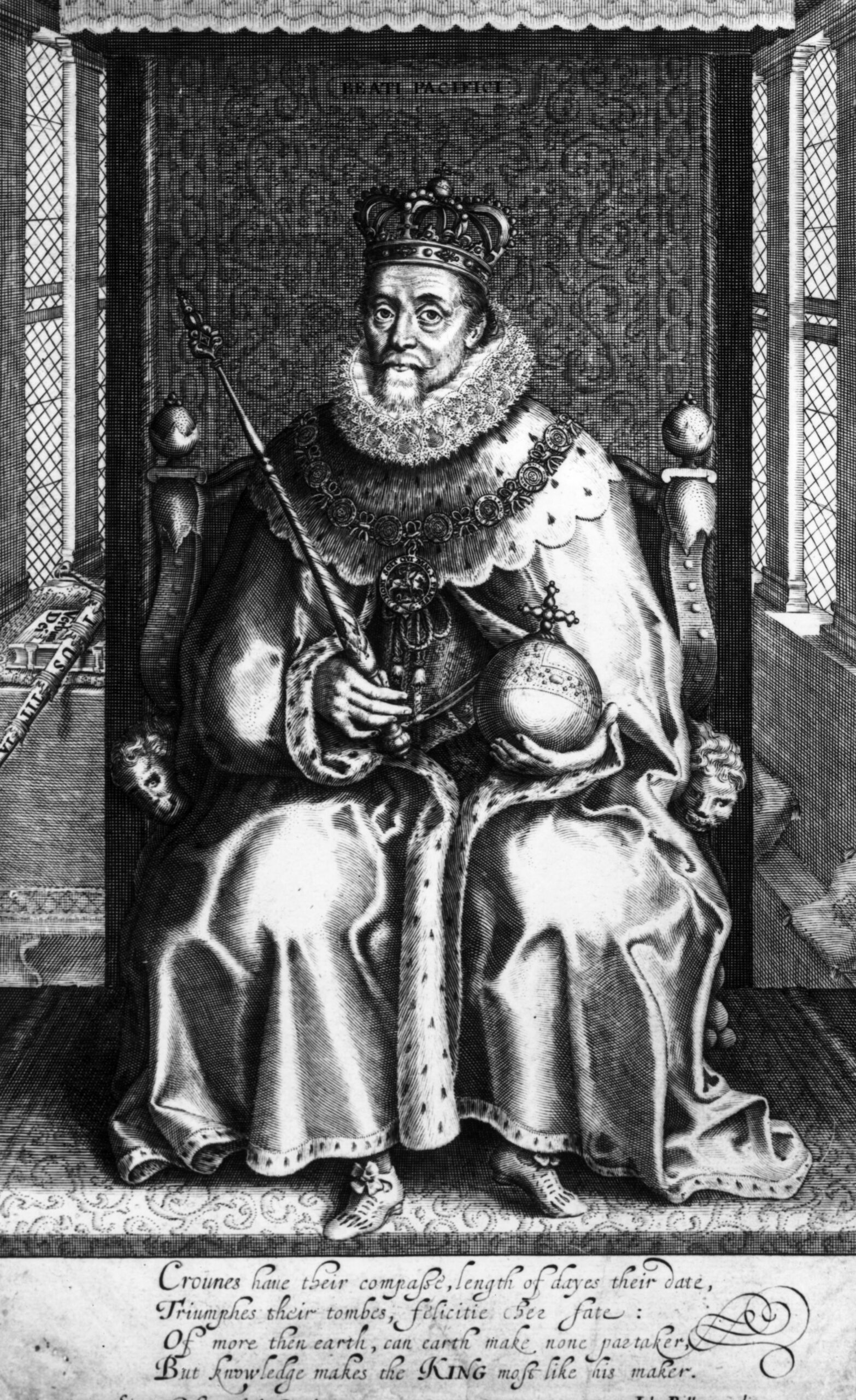 engraving of James VI on a throne holding an orb and sceptre