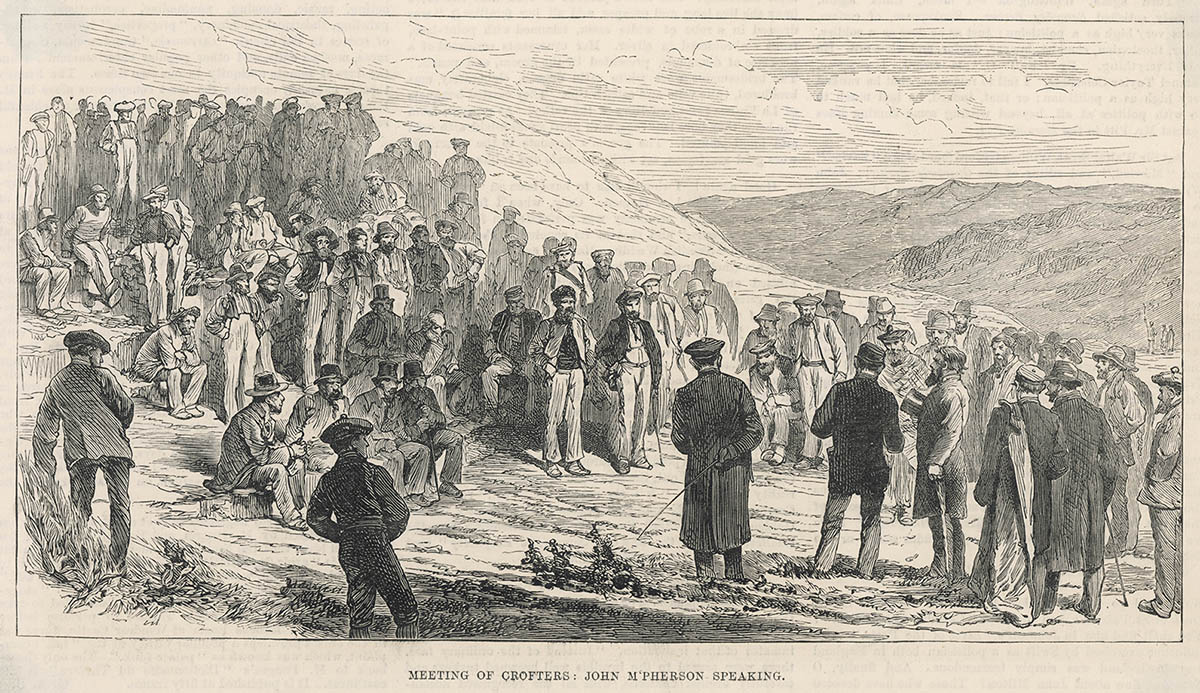 Cartoon showing a gathering of men, mostly wearing long coats and hats, listening to someone speaking 