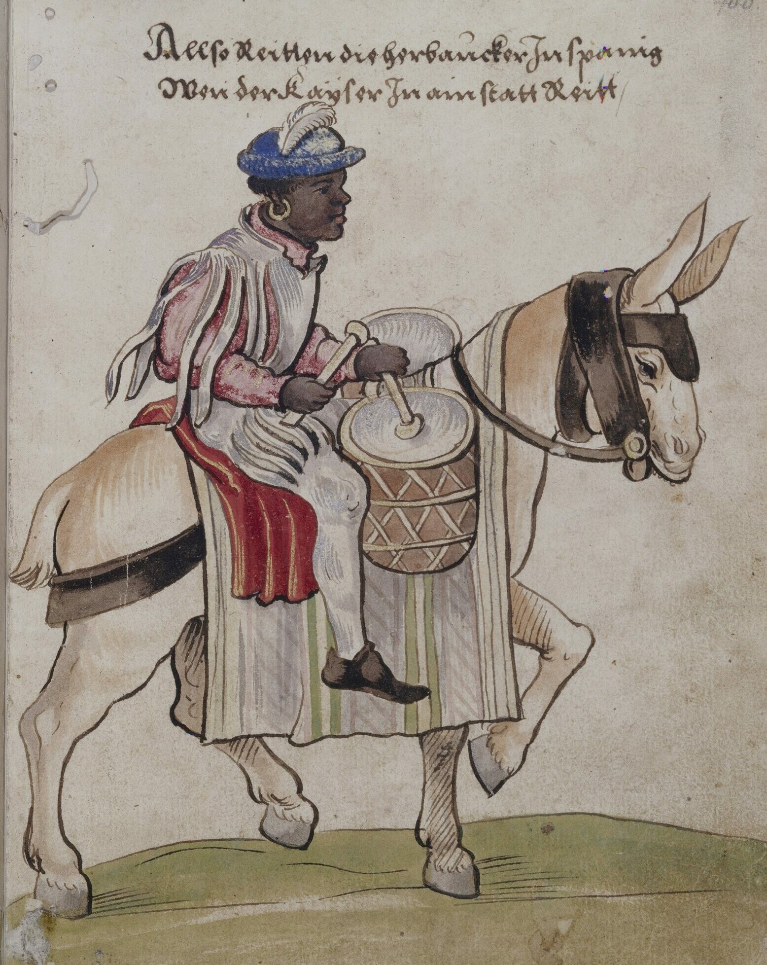 An archive illustration of a Black man sitting on a horse drumming a tabor drum
