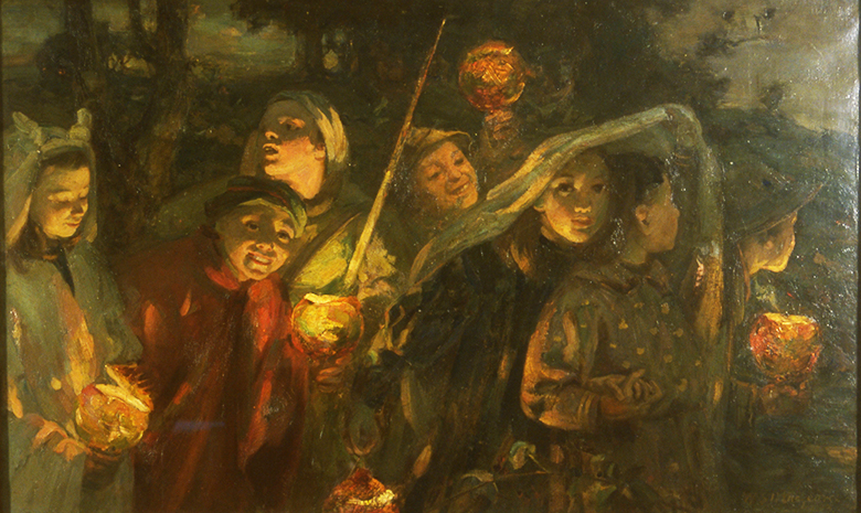 The children in this painting are dressed in fancy costumes, ready for a guising trip on Halloween night. The faces of the children have an eerie glow, cast from the turnip or pumpkin lights that they carry.