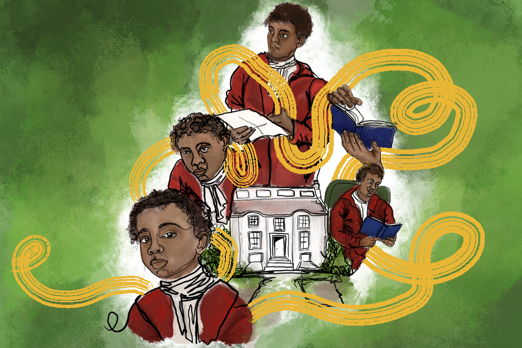 An illustration showing a man at different points in his life - from youth to adulthood. He is dressed in a red frock coat and cravat. His skin is light brown, reflecting his mixed heritage. At the centre of the illustration is a neat Georgian house.