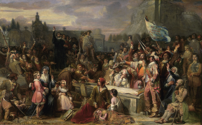 A painting of a very busy gathering in an Edinburgh churchyard for the signing of the National Covenant. Men can be seen signing a document which appears to have been rolled out on top of a large tombstone. A whole host of figures are standing by including clergymen, soldiers, young children and a sleeping baby. The imposing edifice of Edinburgh Castle looms over the scene.
