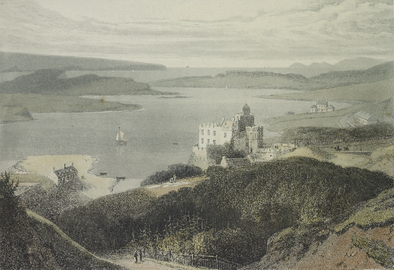 An engraving showing the landscape around Dunvegan Castle