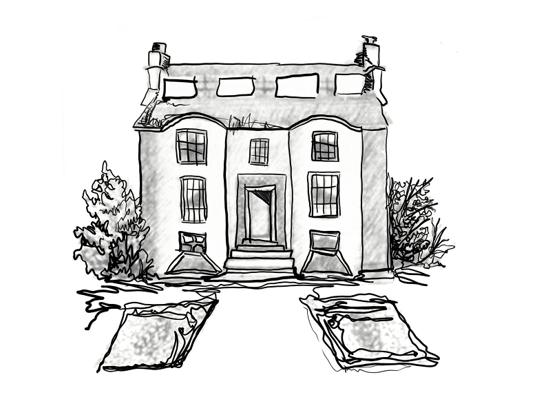 A line drawing of a large Georgian style house. It is almost perfectly square and symmetrical. The front door is in the middle with some steps leading up to it. There are 3 windows on either side of the door, suggesting a 3 storey building. In the roof there are four dormer windows.