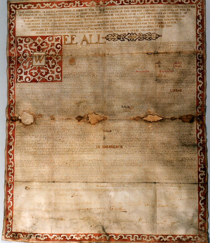 A battered and faded historic document with a red patterned border. Text has been crammed onto the page and is too small to be legible. There are faded signatures at the bottom. 