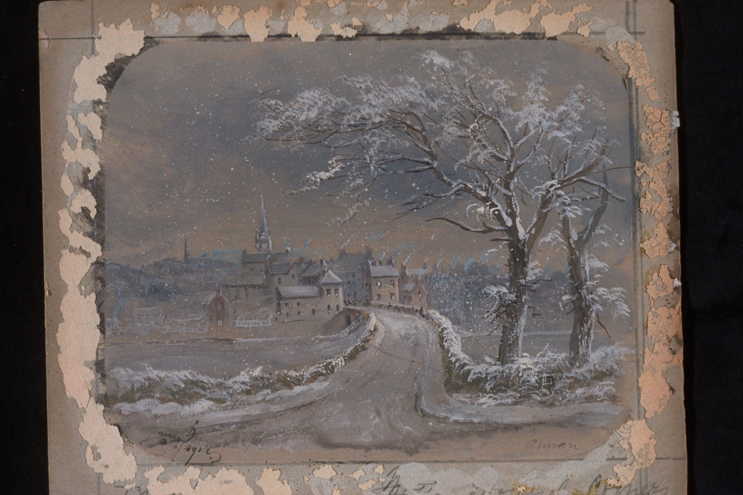 An archive photo of the oil painting Christmas card showing a snowed under village.