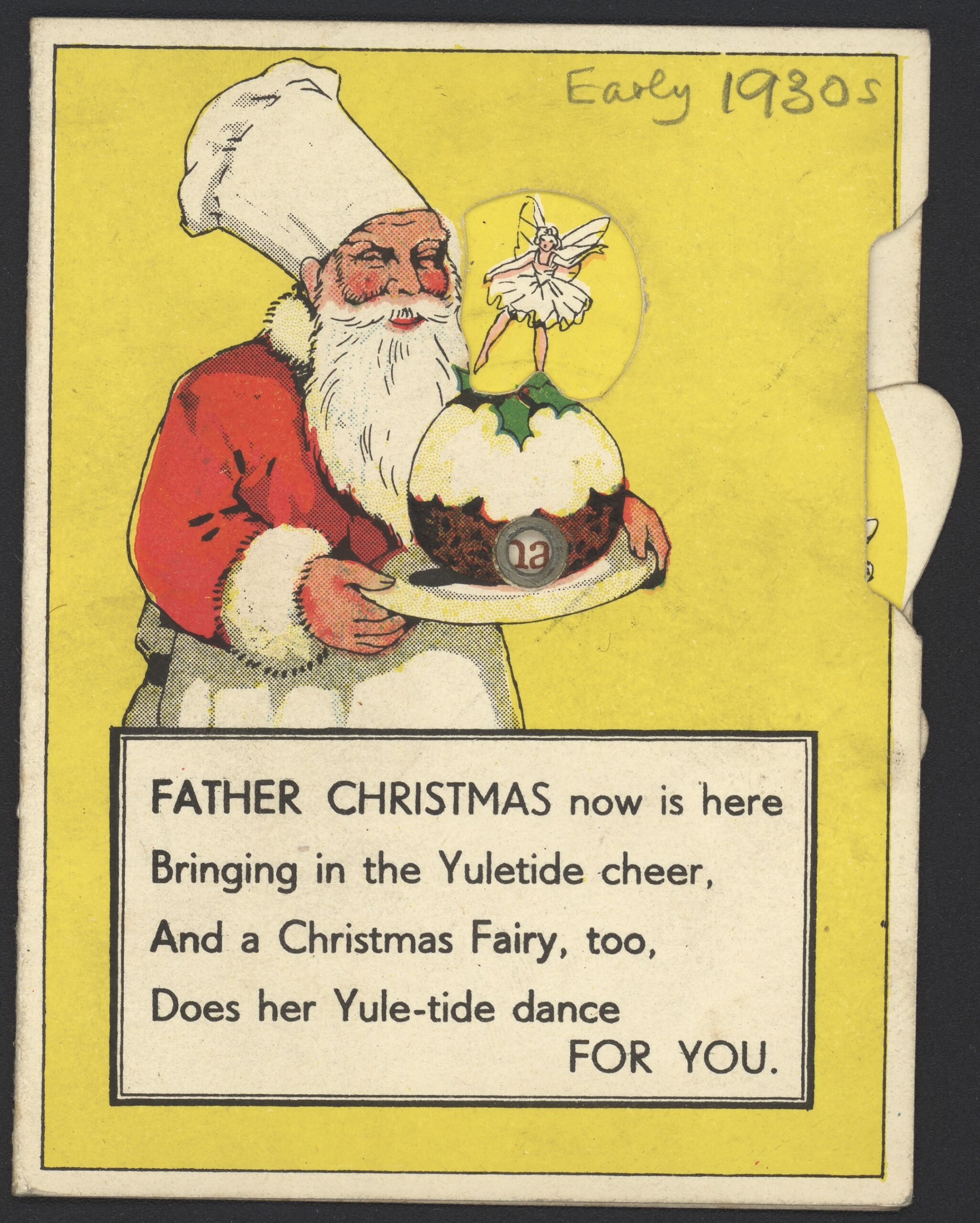 A yellow Christmas card showing Santa wearing a chef's hat. He's holding a Christmas pudding. 