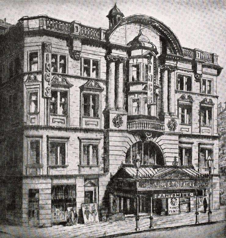 A drawing of the exterior of a large and grand theatre. There is an ornate metal and glass shelter over the main entrance, where a large sign reads "pantomime". Above, the facade has columns and ornate stonework, and a large letters arranged verticlaly to spell "King's". 