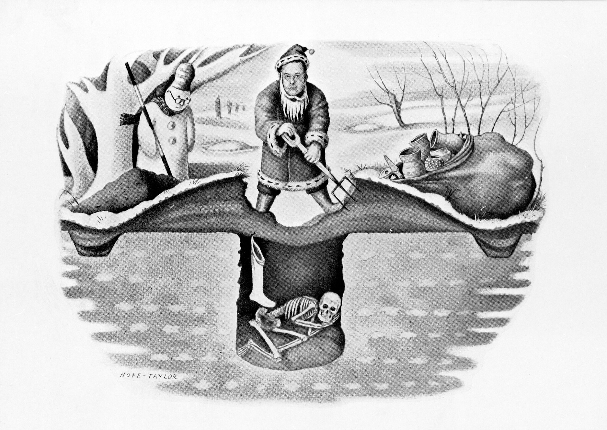 A man dressed as Santa Claus can be seen excavating a burial mound with a sack full, with archaeological artefacts. You can see a skeleton under the ground and a snowman watching the scene.