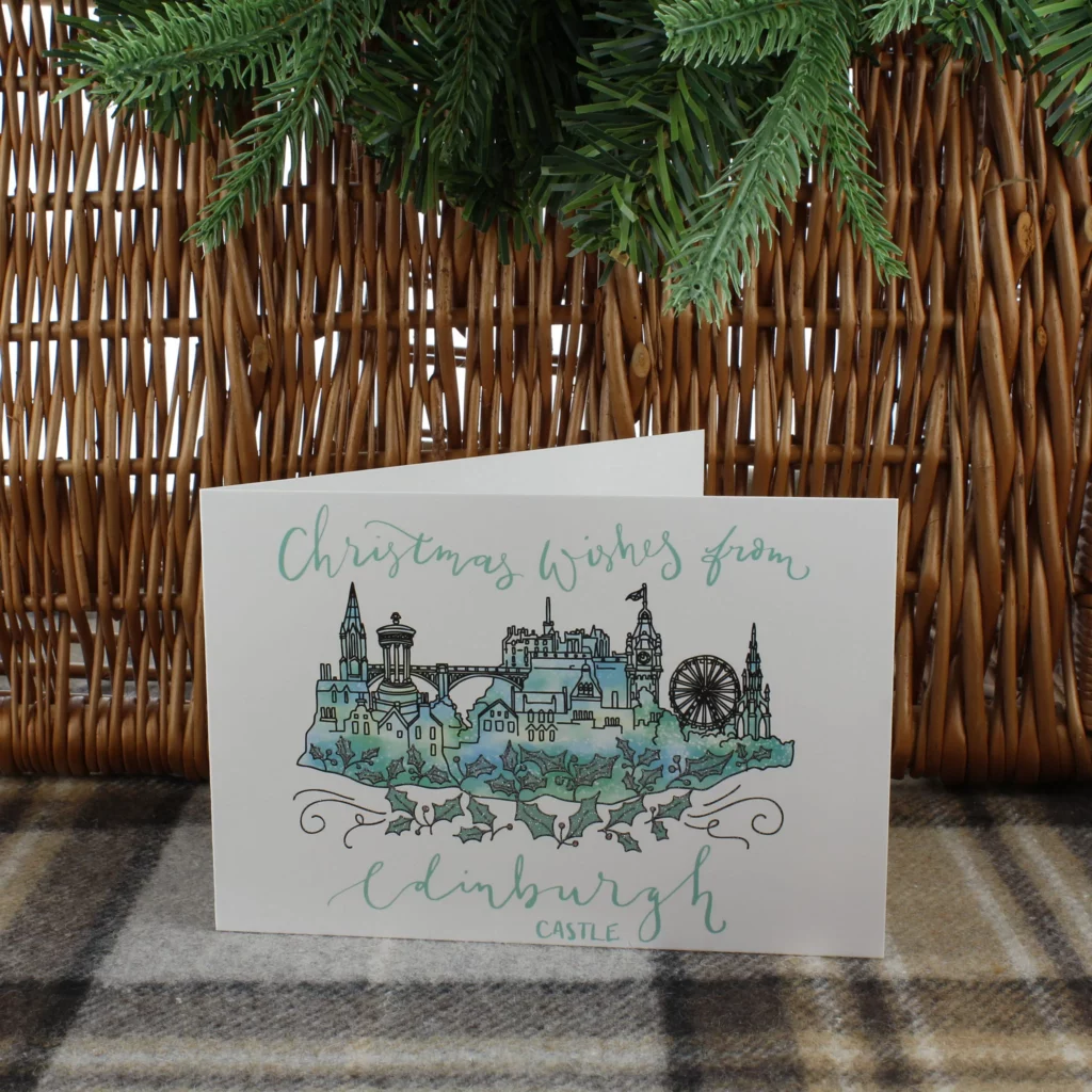 An illustrated Christmas card showing Edinburgh Castle.