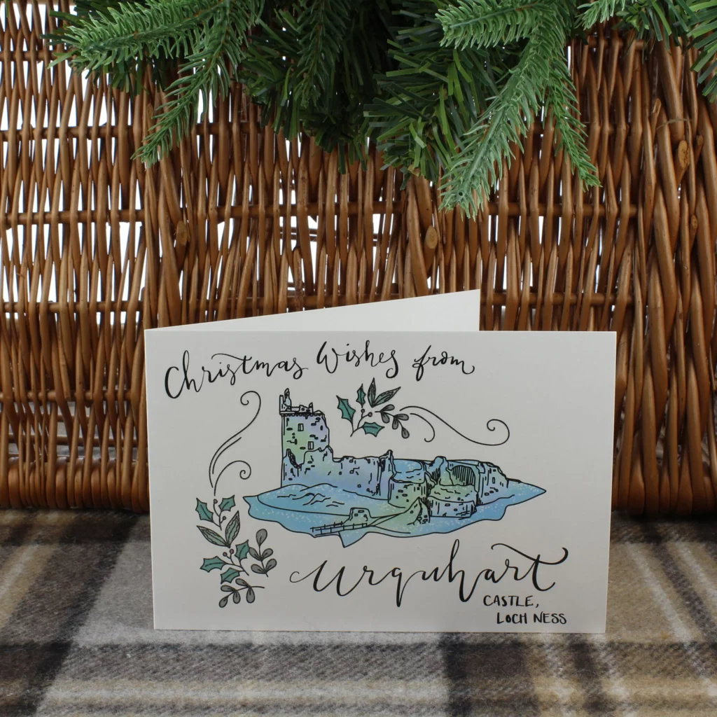 An illustrated Christmas card showing Urquhart Castle.