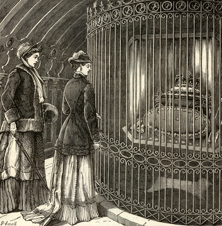 An engraving showing two women in Victorian dress looking into a display case constructed of wrought iron. Behind the wrought iron sits the Crown of Scotland and the other regalia inside a glass case.
