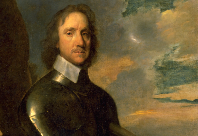 painted portrait of a man in his late 40s, with shoulder-length hair and a small blond moustache. He wears a simple collar and an armoured breastplate over the top of his clothing. The sky behind him is very dramatic.