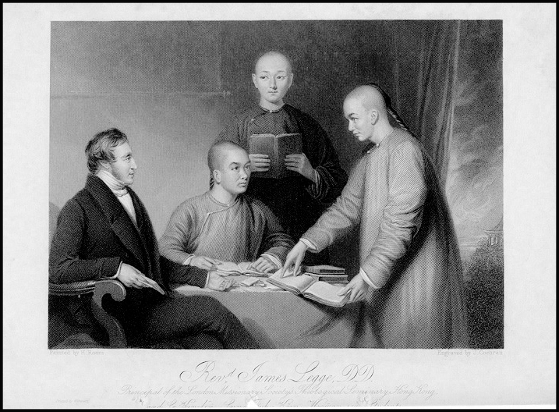 A black and white sketch of James Legge and the three Chinese students. The group looks like they are working on books.