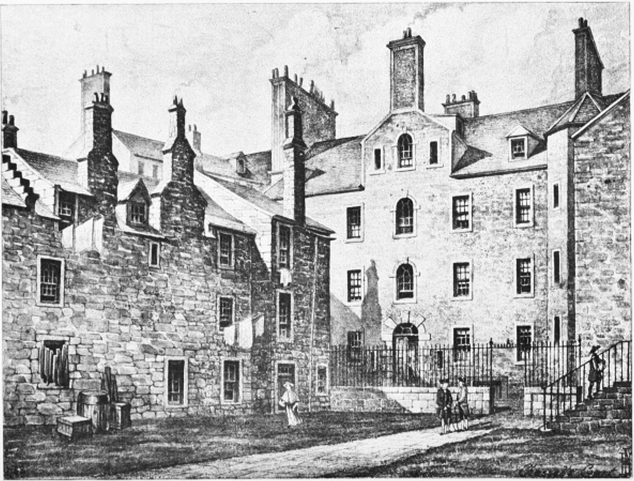 A black and white sketch of Chessels Court in Edinburgh. You can see a backyard behind some houses with some people inside the yard.