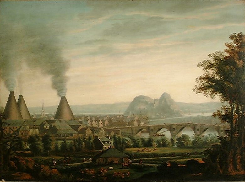 An oil painting showing the town of Dumbarton in around 1820. The foreground shows an agricultural landscape. On the right hand side of the image is a large and impressive bridge. Across the river is the town itself, which features three prominent glassworks cones, which tower high above the dwellings around them. In the distance, Dumbarton Rock can be seen, topped by the castle.