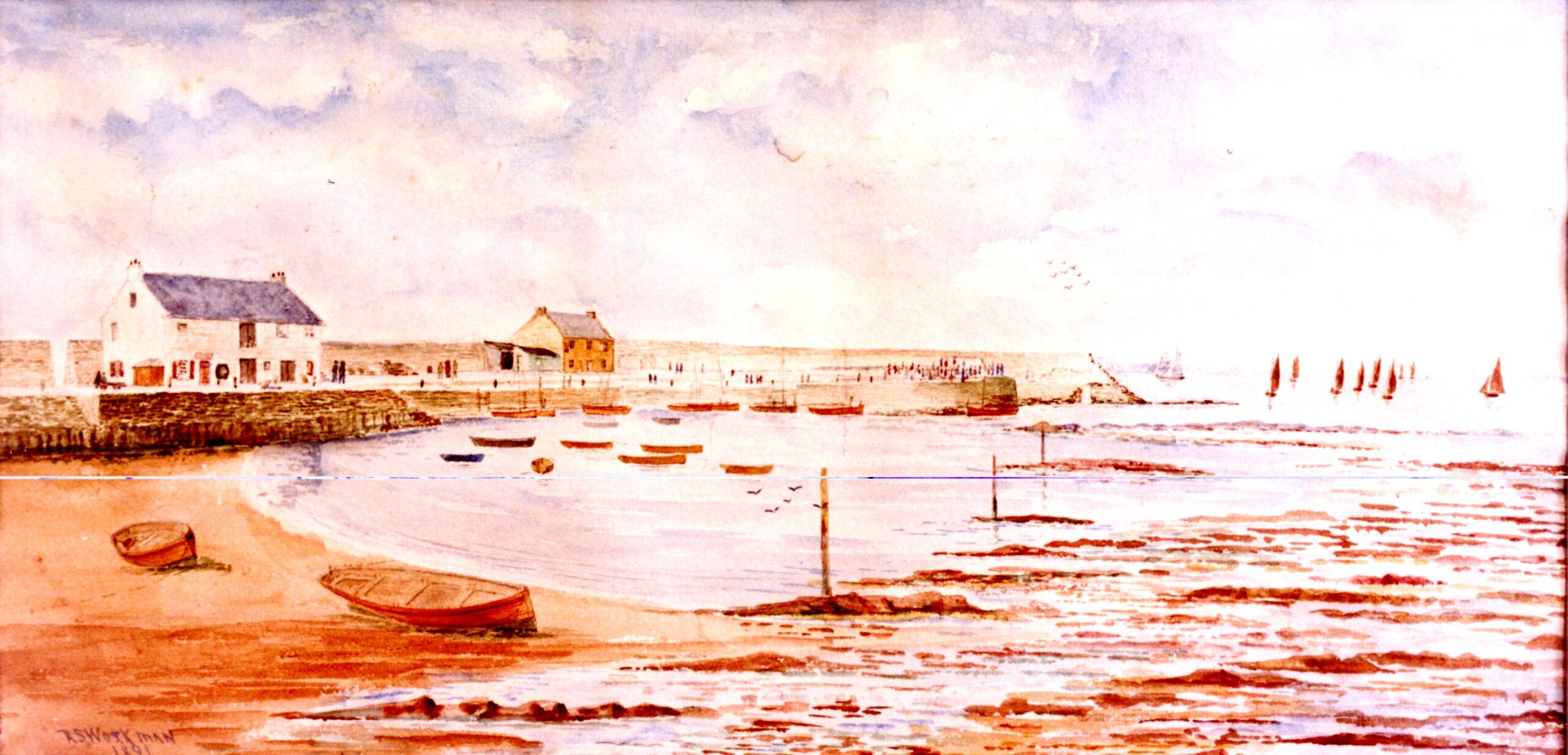 A water colour painting showing a beach scene by the sea with boats by the water and houses in the background.
