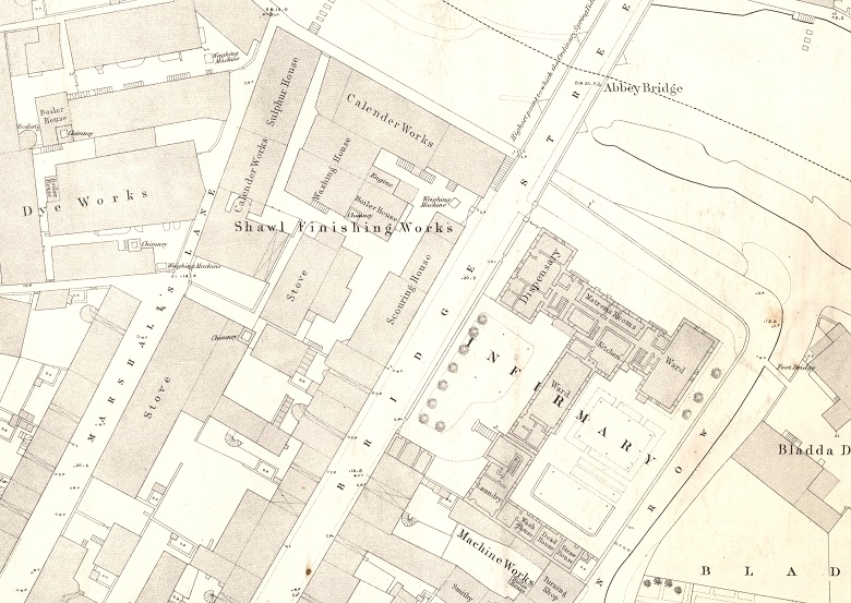 A map showing the location of Paisley Infirmary. It's on Bridge Street, leading to the Abbey Bridge. Across the road are shawl finishing works and other industrial buildings.