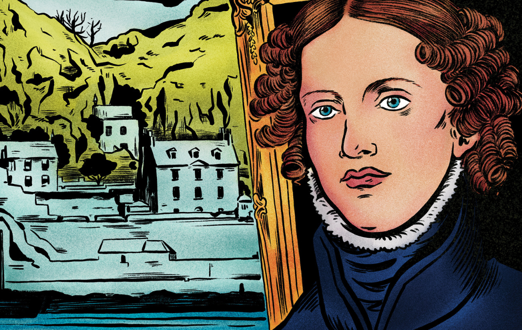 An illustration of Anne Lister in a comic book style. She has brown hair and blue eyes. She wears her hair up and the front is curled in tight ringlets. She wears a sober, black, high necked dress with a small white ruff. Dumbarton Castle sits on its rock in the background.