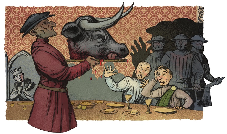 An illustration of the so-called Black Dinner, showing a man carrying a large black bull's head to a dining table. Two boys are reacting in fear and alarm, while another, wearing a crown, looks on aghast. Armed soldiers holding axes stand in the shadows, primed for action.