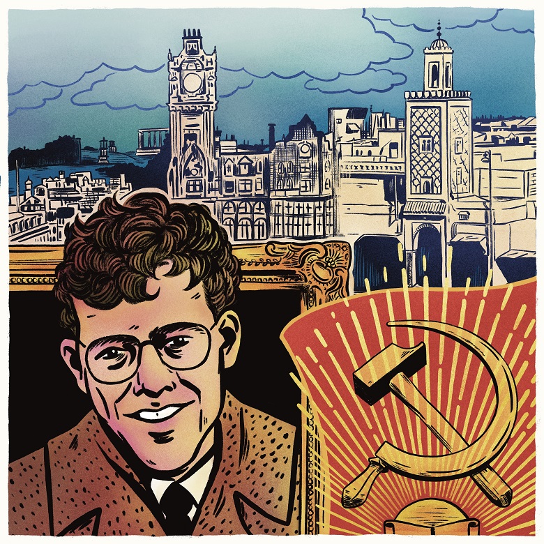A cartoon of a man with dark hair and glasses wearing a wool suit in 1930s style. Beside him is a soviet hammer and sickle. Behind him is an edinburgh skyline which morphs into a Turkish skyline.