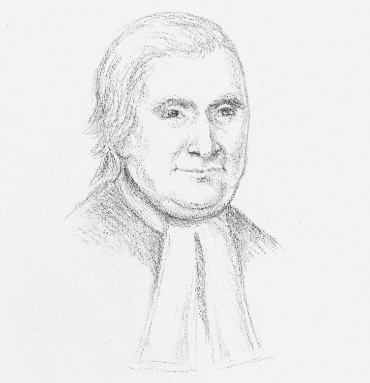 A black and white drawing of John Witherspoon from the shoulders up. He is wearing simple minister's clothes and has long hair. 