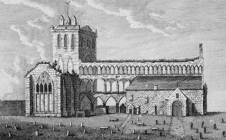 An engraving showing the ruins of the medieval Jedburgh Abbey with a much smaller and more rustic church built as an extension on the side. The abbey is without a roof and turf and trees can be seen sprouting from the roofline. The abbey is surrounded by grave stones.