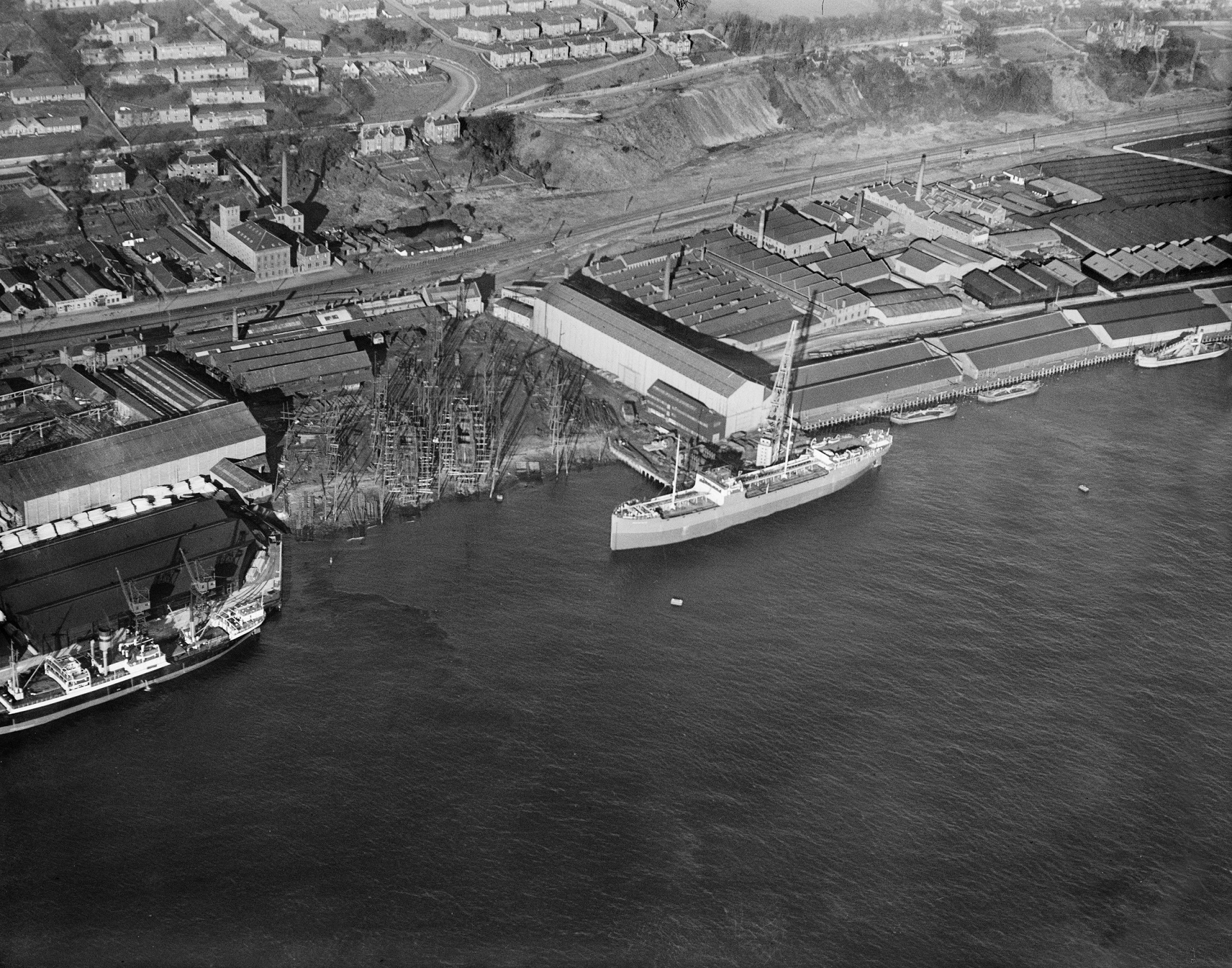 Aerial photo of the port. It's a black and white archive photo