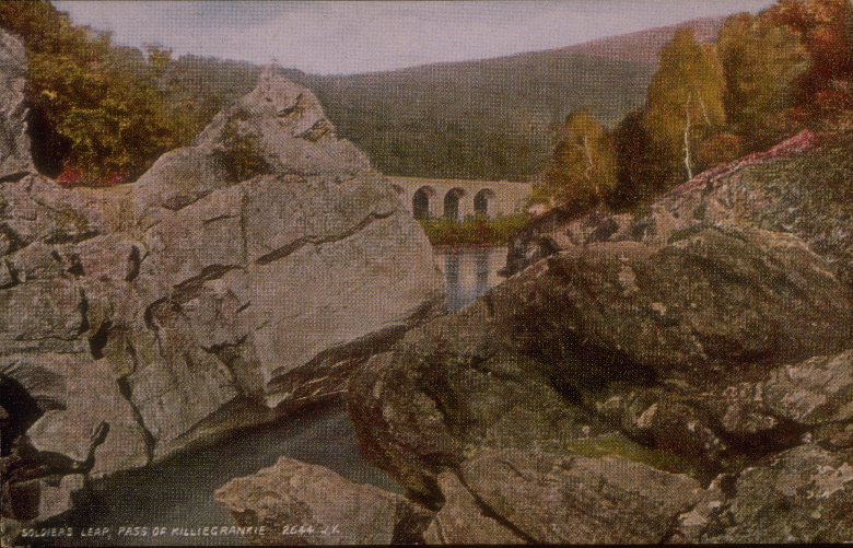 A postcard showing a river running through a narrow, rocky gorge. The caption reads "Soldier's Leap, Pass of Killiecrankie". 