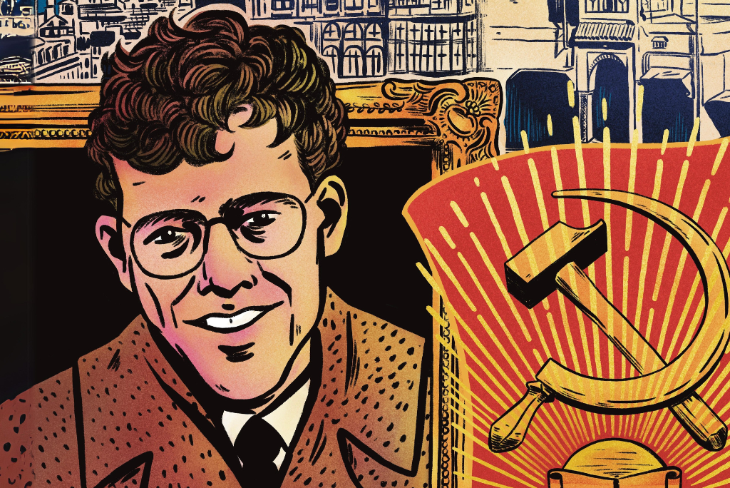 A cartoon of a man with dark hair and glasses wearing a wool suit in 1930s style. Beside him is a soviet hammer and sickle. Behind him is an Edinburgh skyline which morphs into a Turkish skyline.