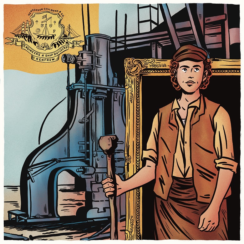 A cartoon illustration of a person wearing a flat cap and a shirt and waistcoat. Their hair is curly and falls to their neck. They are standing in front of an industrial steam-driven hammer.