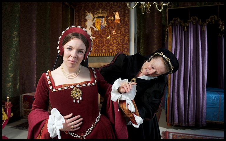 Two women reenactors dressed as Marie de Guise and her maid. 