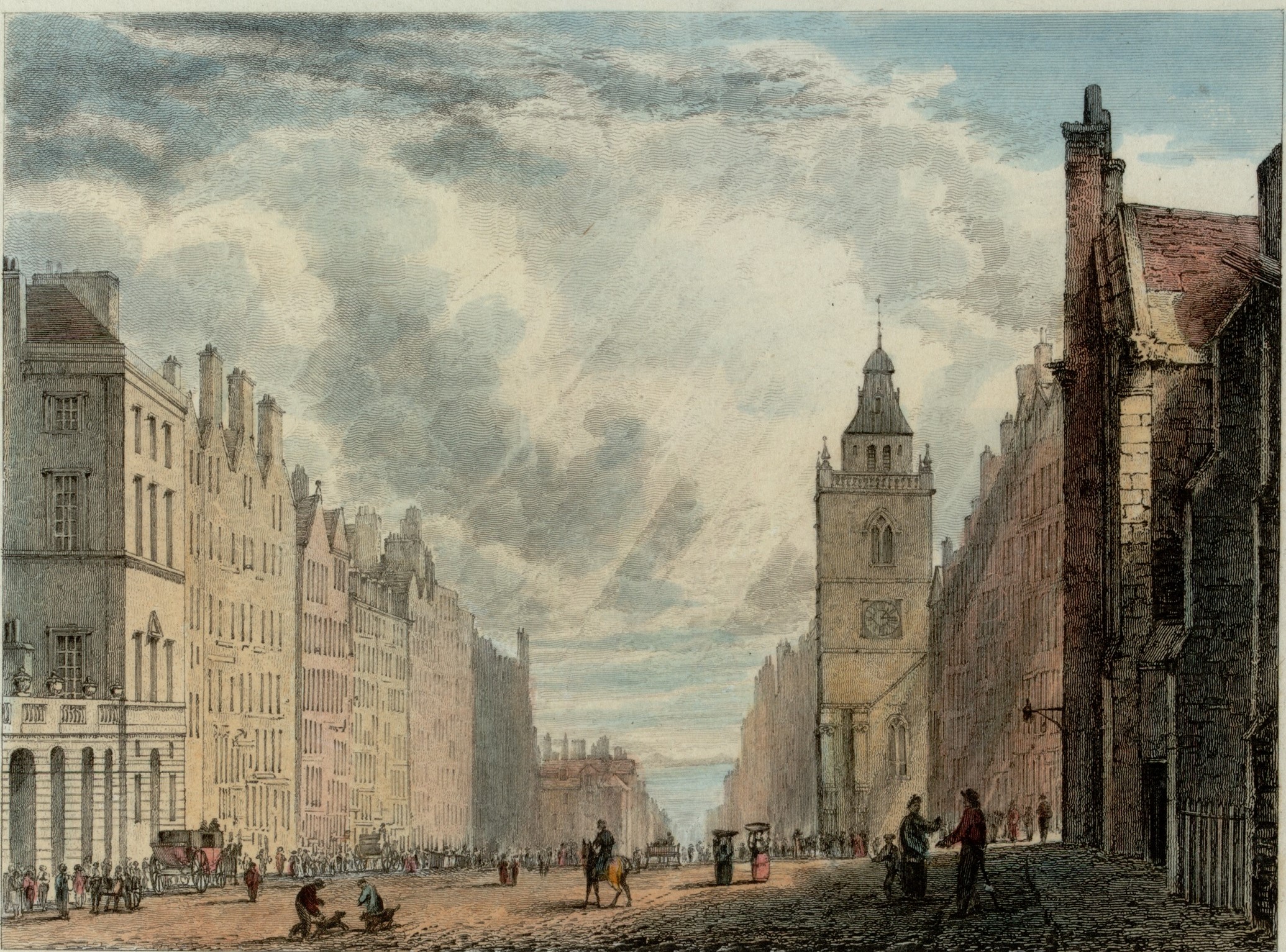 A colourful painting showing Edinburgh's lively High Street