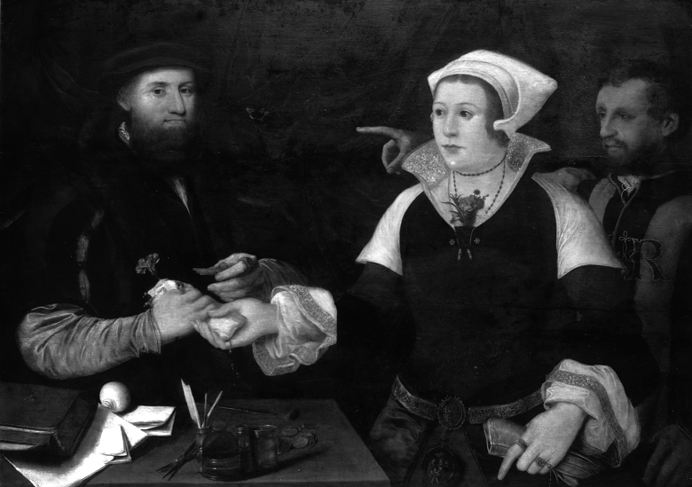 A painting showing a Tudor man and woman meeting. Half length figures, Margaret Tudor stands beside a table with left hand holding papers and right extended, handing a document to the Duke of Albany. There is a man, probably a servant, standing behind Margaret and he points at the Duke.