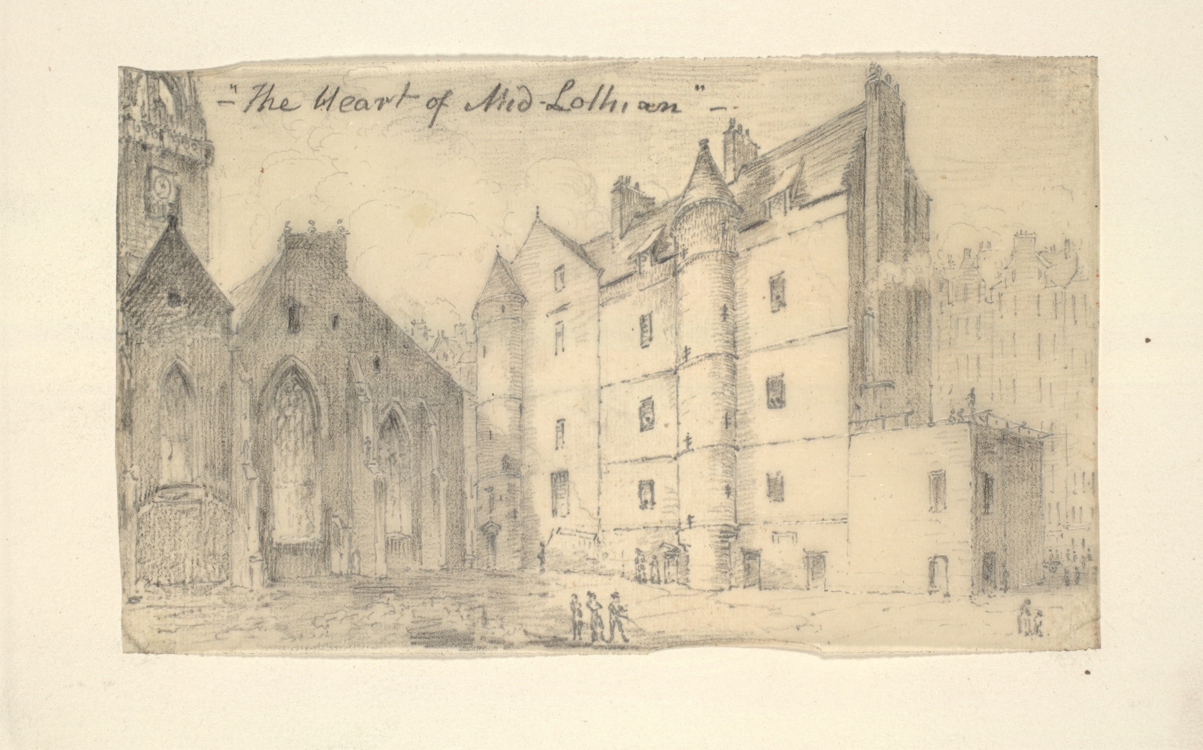 Pencil sketch showing the 'Heart of Midlothian', St Giles and parts of the High Street