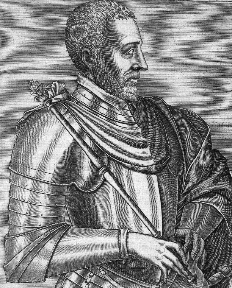 An engraving of a man in profile. He has a bear and short cropped hair and is wearing a suit of armour draped with a robe.