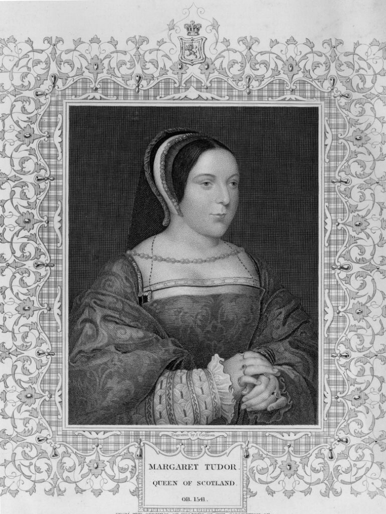 An engraving of a woman with soft features. She wears a hood or coif. The sleeves of her dress are very full and her hands are clasped in front of her. THe illustration is surrounded by an elaborate frame. 