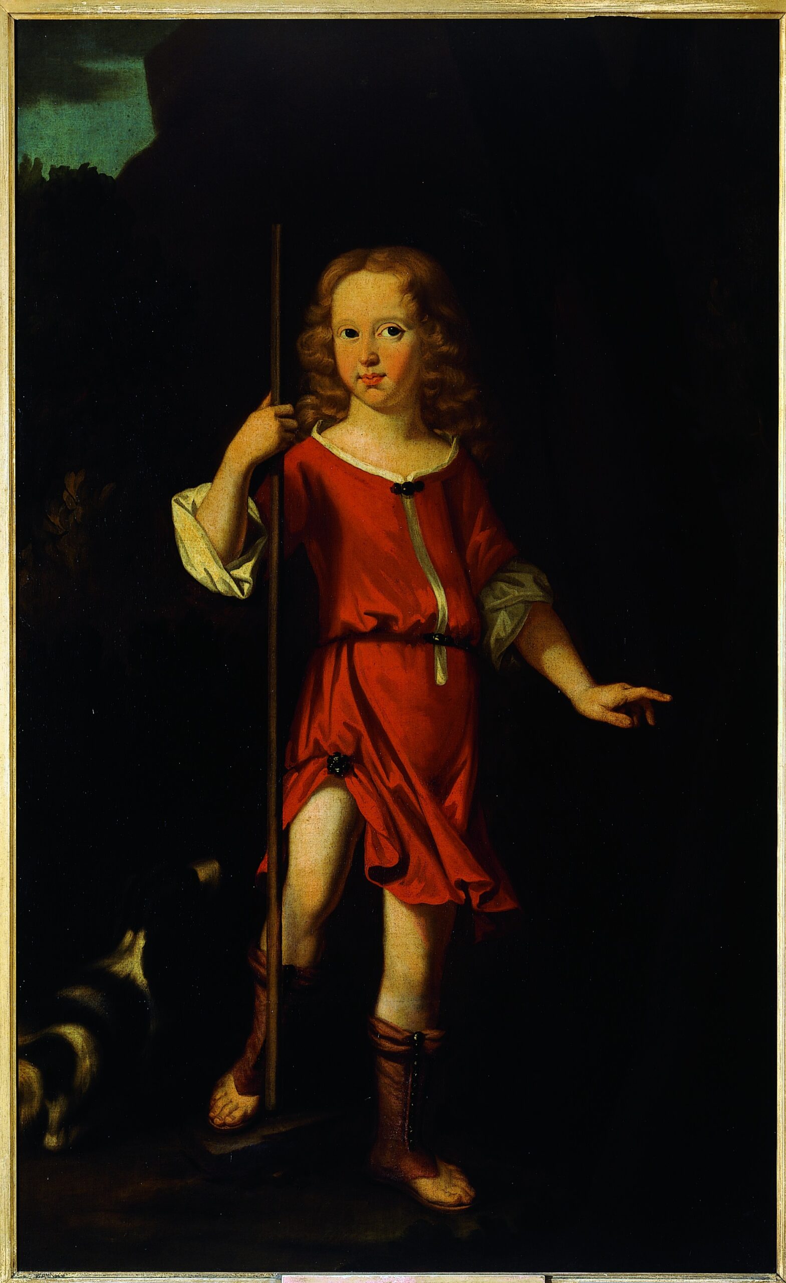 A colourful portrait of a young boy with long golden hair in a red tunic