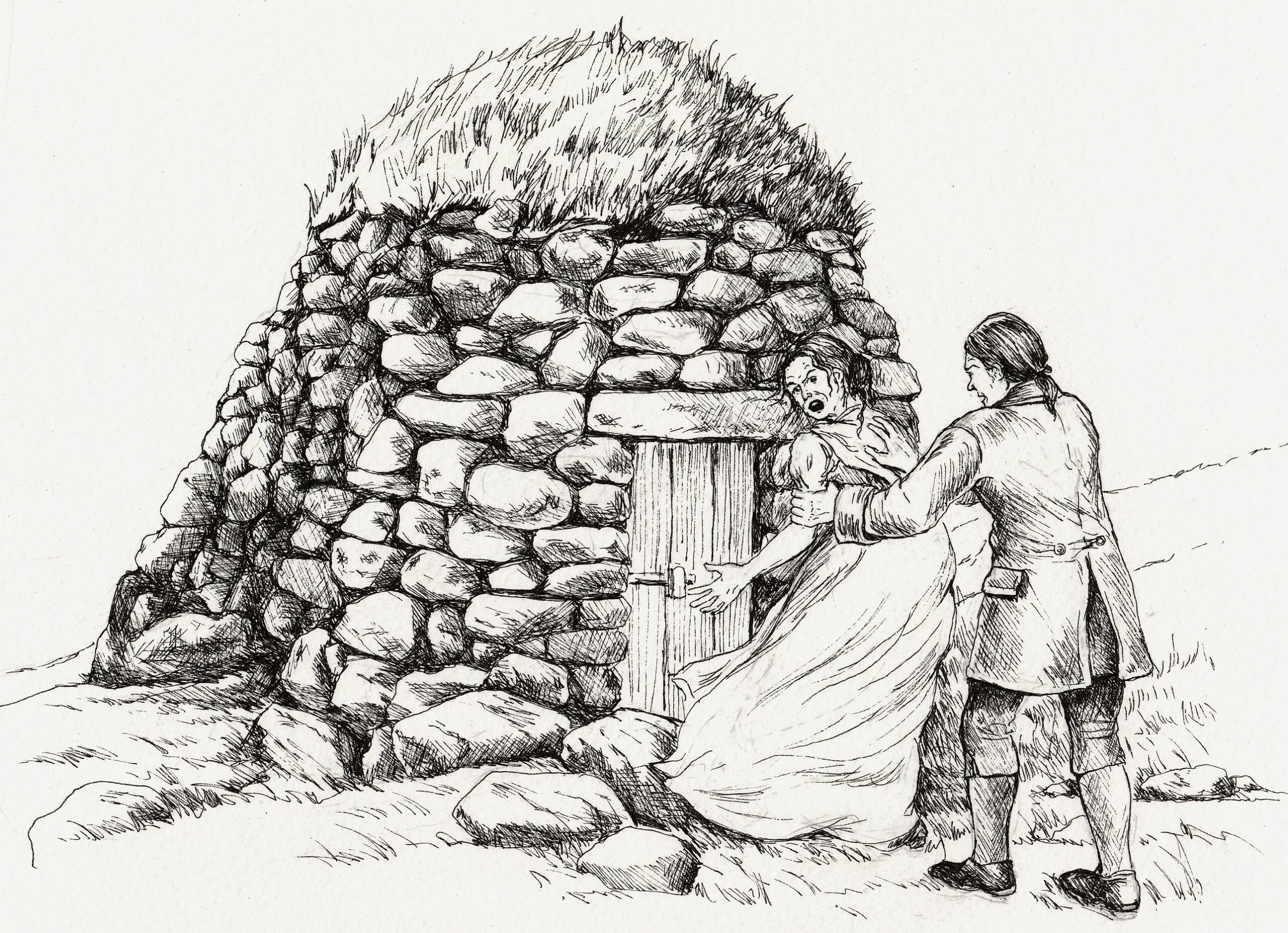 A black and white sketch showing the scene of Lady Grangr being moved into a cleit by a uniformed man