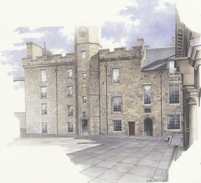 A coloured drawing of the royal palace. The main part of the building is four storeys tall. In the middle of the main block is a octagonal tower with a clock set in it. THere is a lage paved courtyard in front.