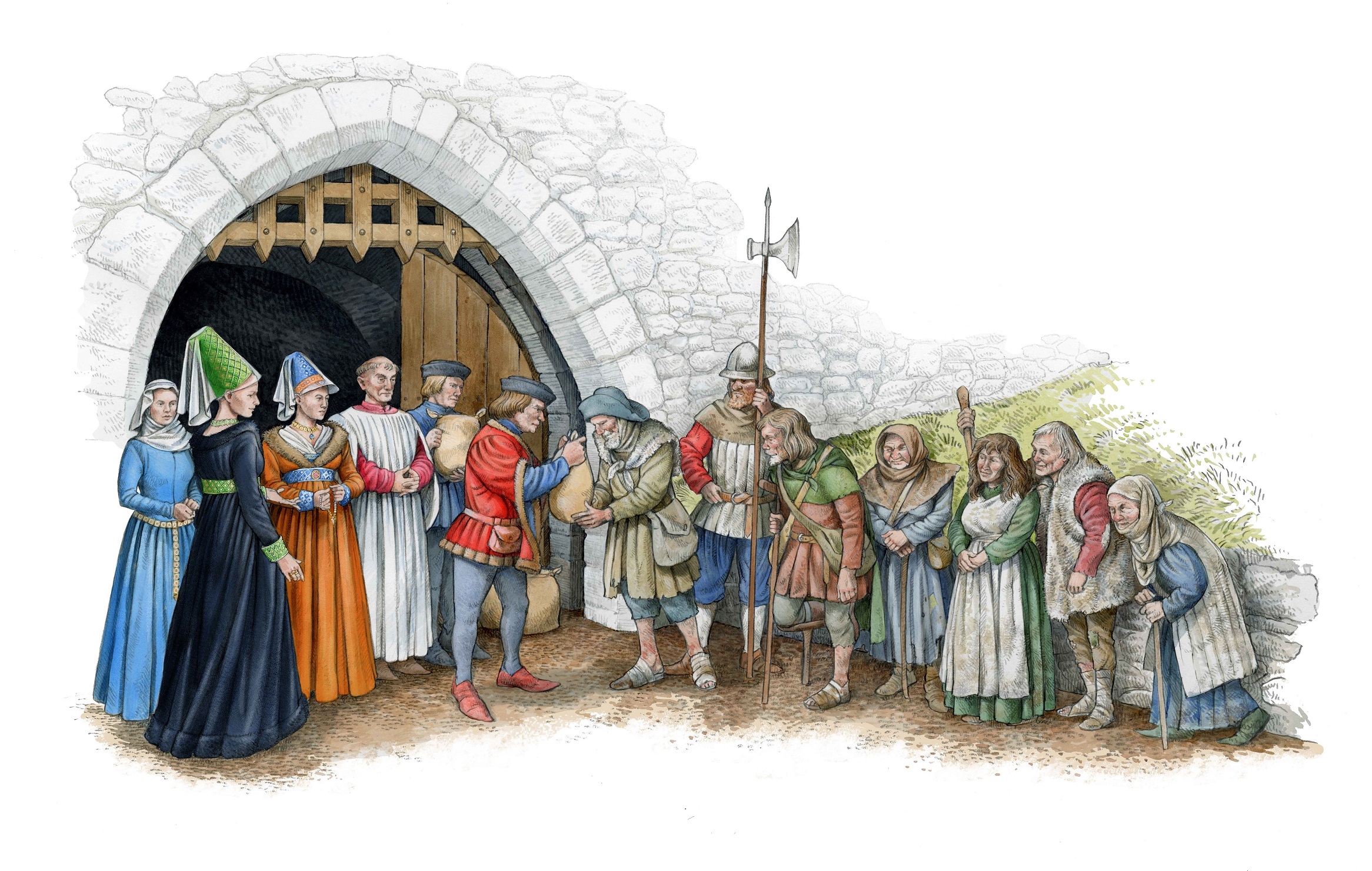 An illustration showing Mary of Guelders giving charity to people at the gates.