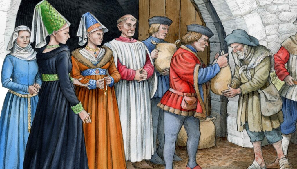 An illustration showing Mary of Guelders giving alms