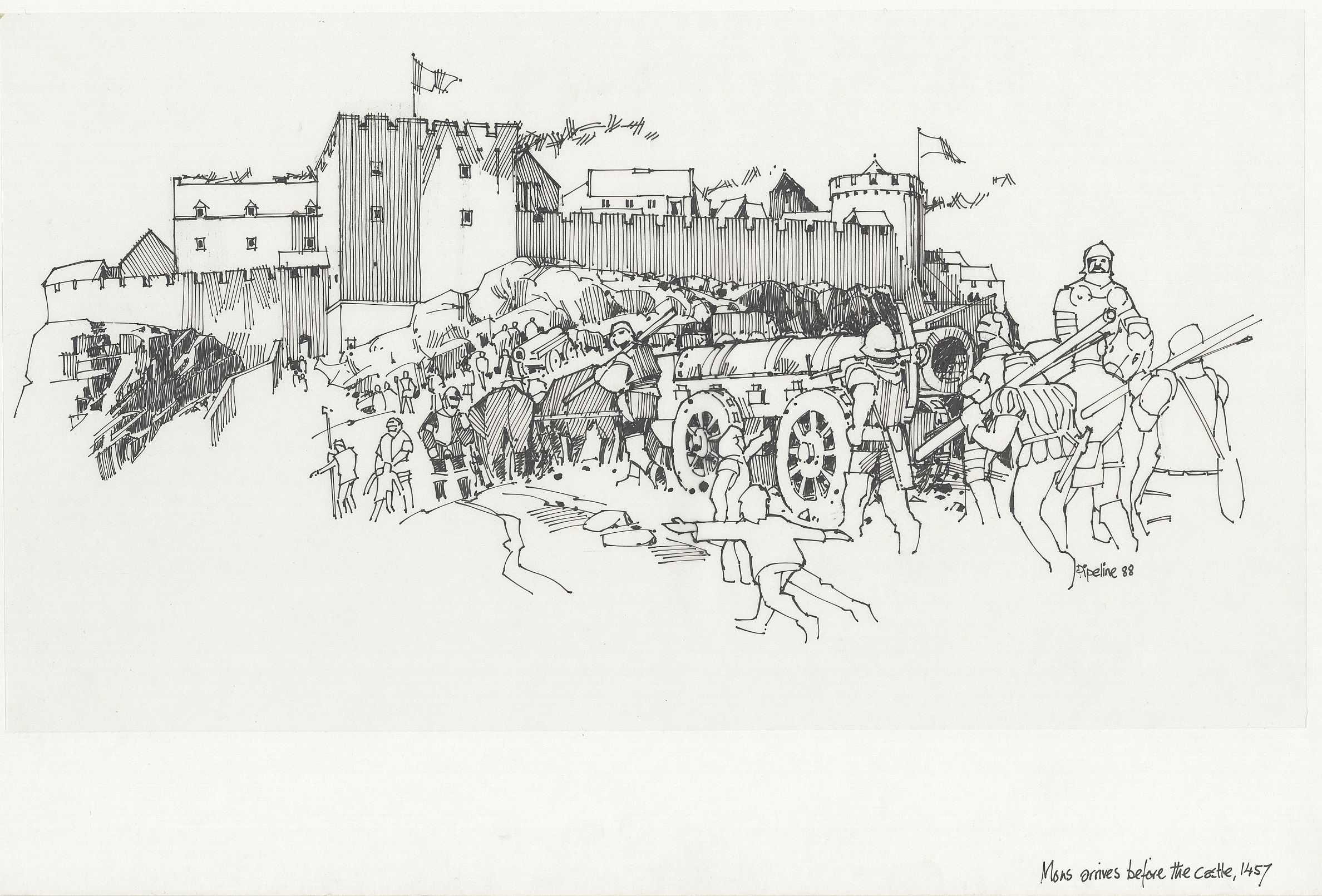 A sketch of mons meg being pulled to Edinburgh Castle