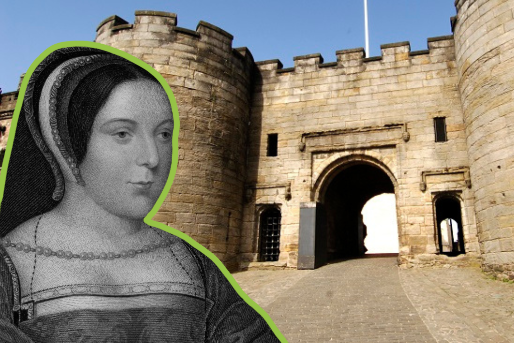 A black and white engraving of a woman with soft, peaceful features. She wears Renaissance clothing. She is superimposed on a photo of the gate house at Stirling Castle - an imposing entrance flanked by towers and topped with battlements.