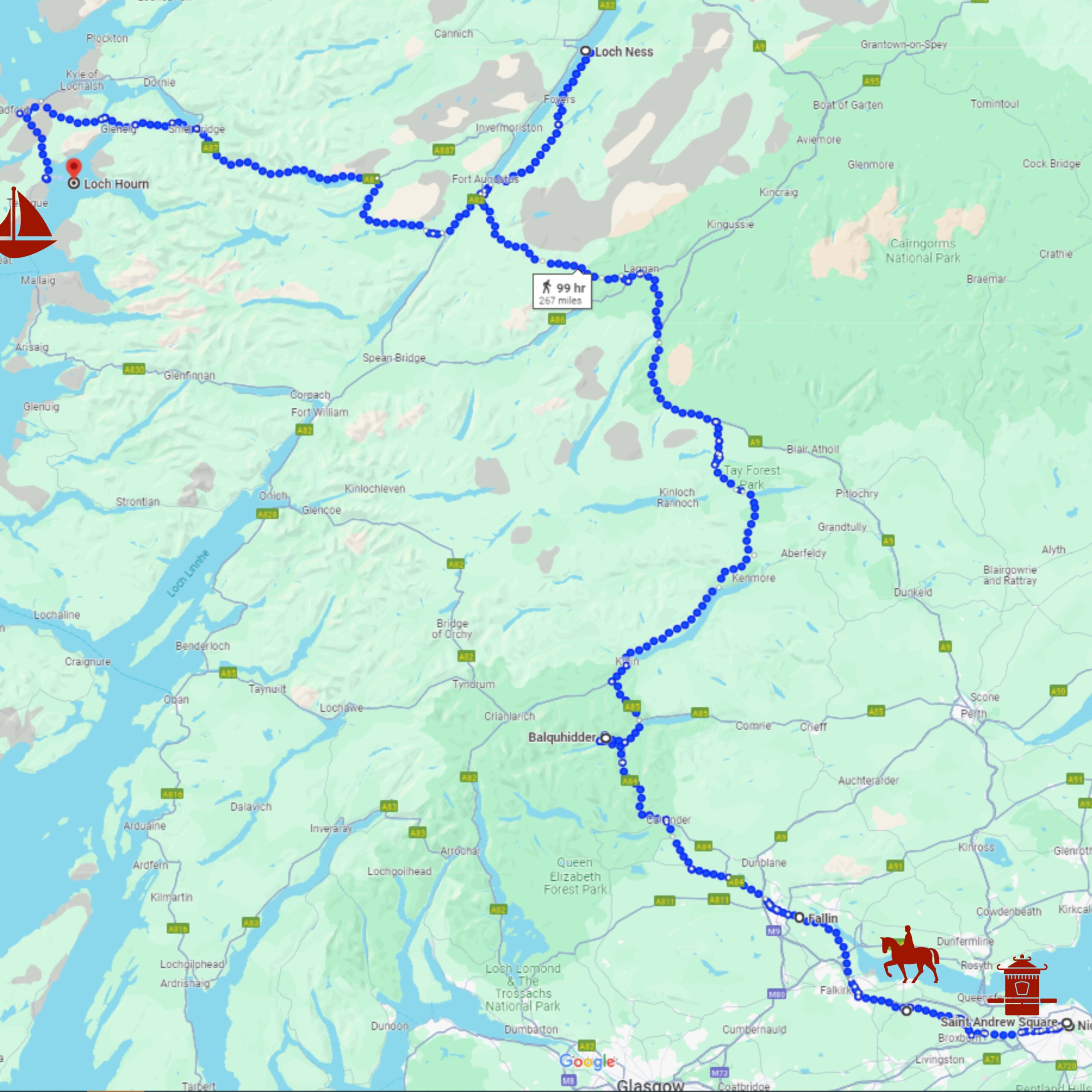 A Google Maps map showing the route Lady Grange and her captors took out of Edinburgh to Linlithgow to Stirling then further up to Loch Ness and then West to Loch Hourn