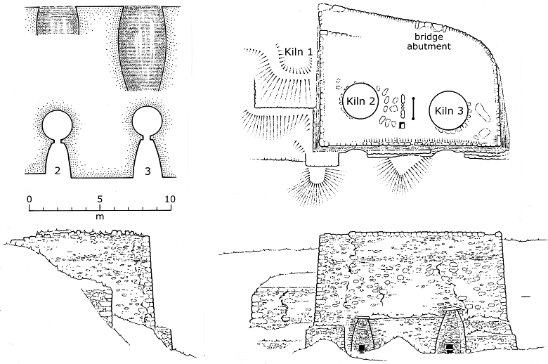 Black and white pencil drawings showing the workings of two lime kilns