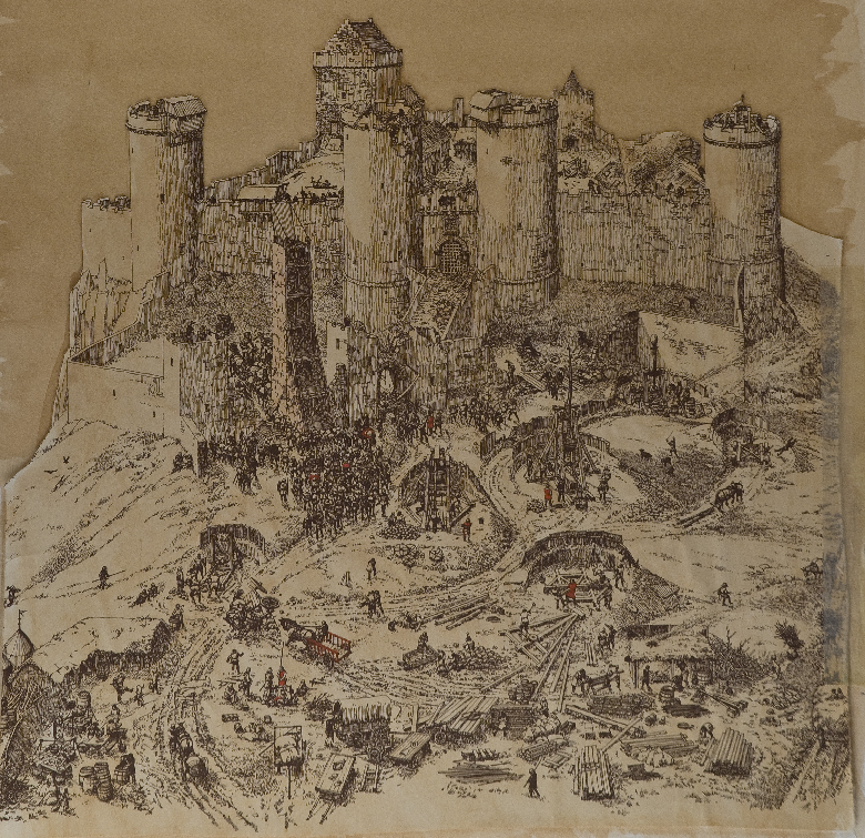 A drawing of a hilltop castle with five large towers under siege. A large group of soldiers is gathered behind a wooden siege engine, whilst others take up positions to fire catapults at the castle. Further down the hill, horses and carts bring supplies to the siege camp.