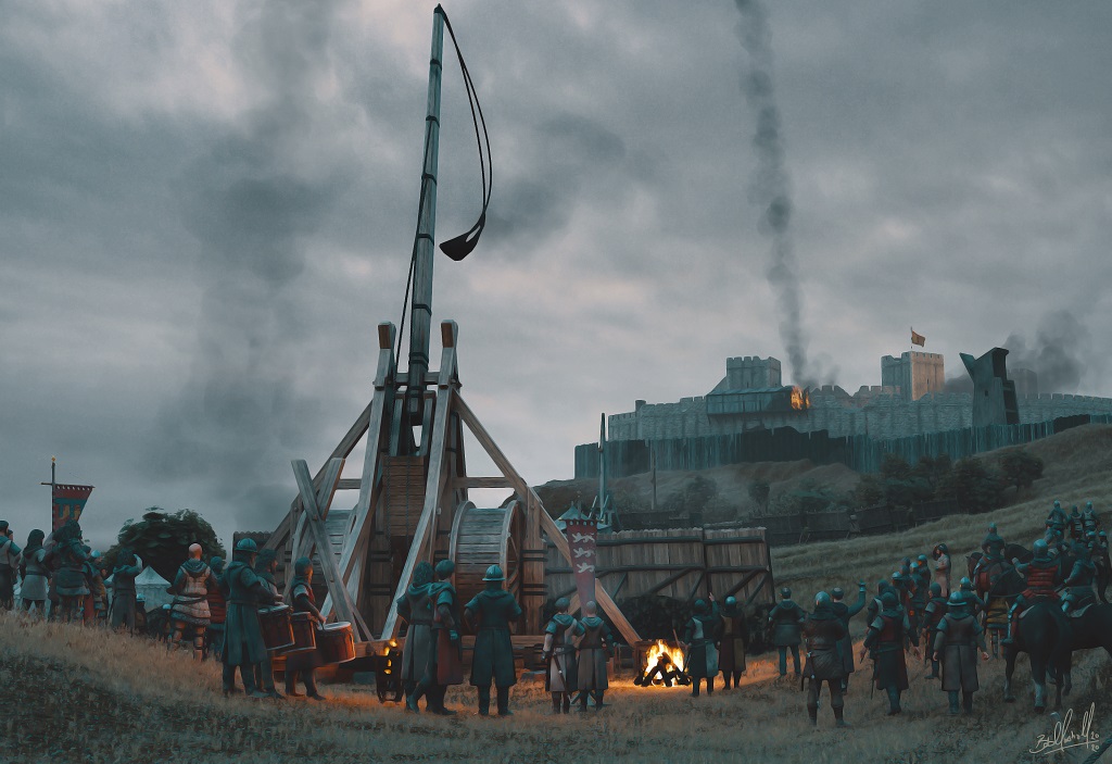 A digital image showing soldiers gathered around a the War Wolf, an enormous catapult which has just fired at Stirling Castle. A fire is burning within the castle and black smoke is creating a flume into the sky.