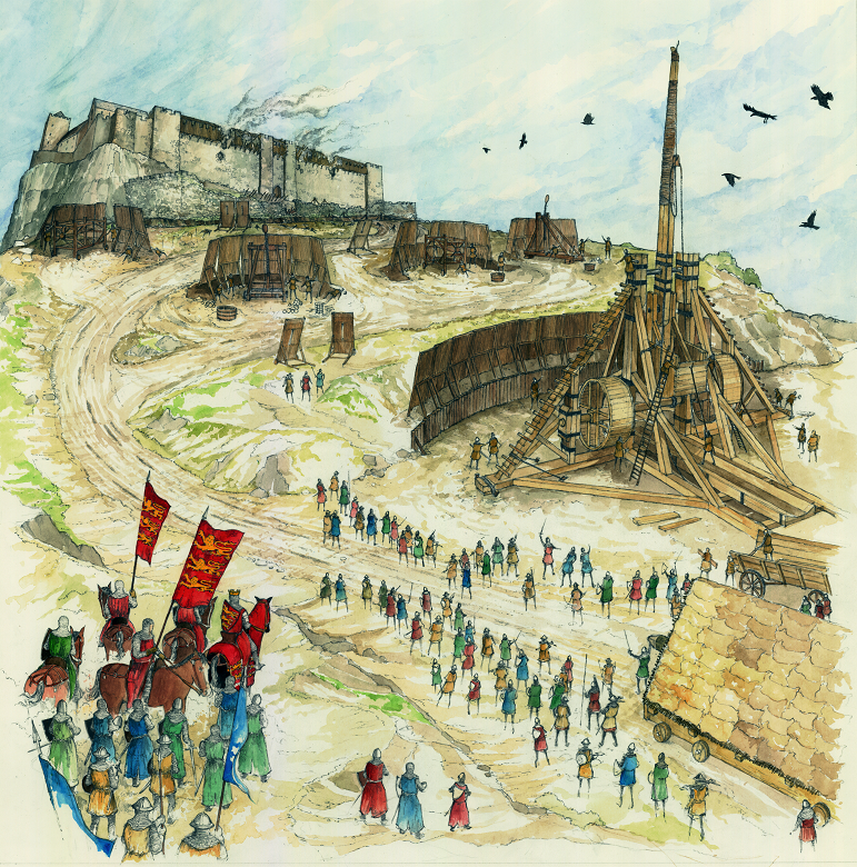 A colour illustration of soldiers using a large wooden catapult to lay siege to a castle. The soldiers, some on horseback, are depicted as Lowry-esque matchstalk figures in tunics of various colours. 