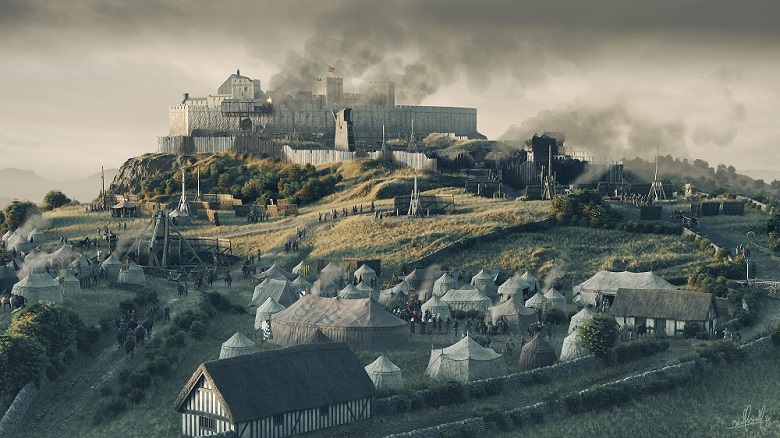 A digital reconstruction showing smoke billowing from an under siege Stirling Castle. In the foreground, various figures can be seen bustling around a cluster of colourful tents and various wooden catapults. 